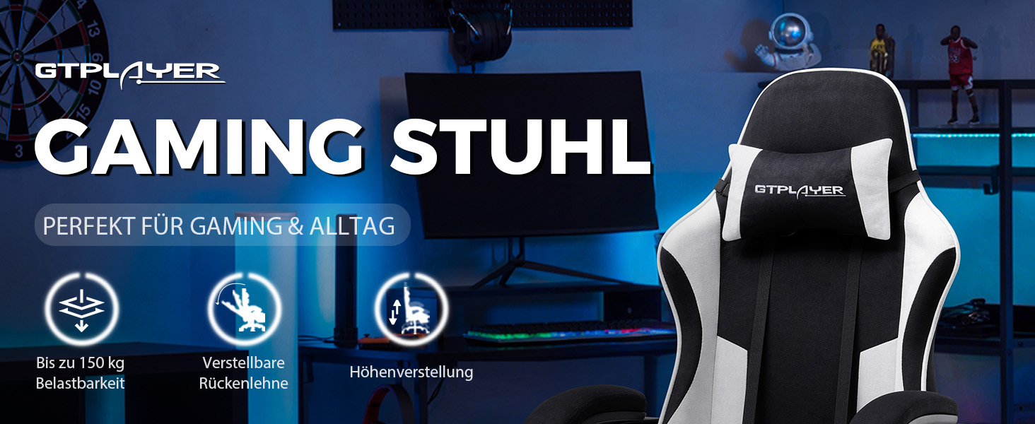 Ігровий крісло GTPLAYER з підніжкою та масажем, білий, тканинний