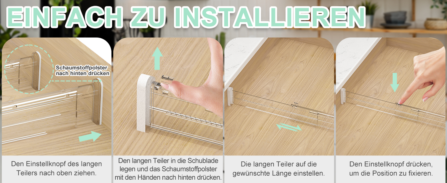 FUNIZE Регульовані роздільники для ящиків з вставками, 8 шт., роздільники 32-58 см + 16 шт. вставок 9-18 см, Органайзер для ящиків, Кухня, Спальня, Офіс, 6 см висота