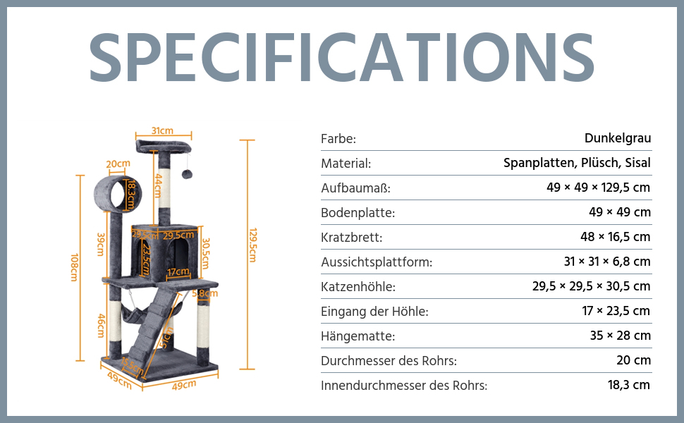 Котяче дерево Yaheetech 130 см Кігтеточка для котів Cat Tree, Котяча лазіння по дереву з оглядовим майданчиком Котяча печера Сизалеві стовбури, темно-сірі