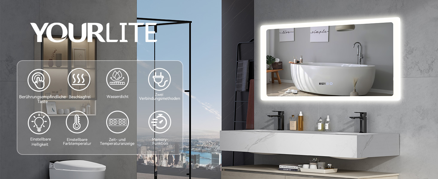 Дзеркало для ванної кімнати YOURLITE з LED-підсвічуванням 100x60 см, сенсорне управління, годинник, антизапотівання, 3 кольори світла, регулювання яскравості, функція пам'яті, білий - 60100