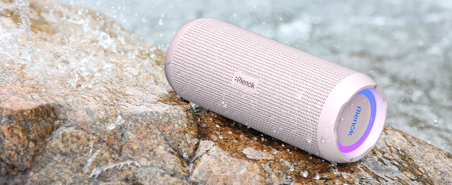 RIENOK Портативна Bluetooth Колонка з Підсвічуванням, Рожева, IPX7 Водонепроникна, 3600 mAh, Bluetooth 5.3, Бас, Стерео Звук
