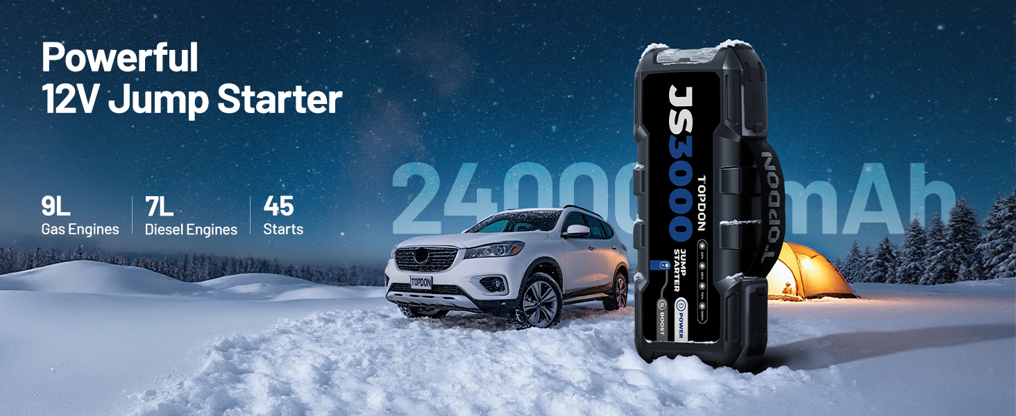 TOPDON JS3000 Powerbank-пускозарядний пристрій для авто, 24000mAh, 3000A, сумісний з бензиновими (9L) та дизельними (7L) двигунами, вбудований LED, EVA-сумка