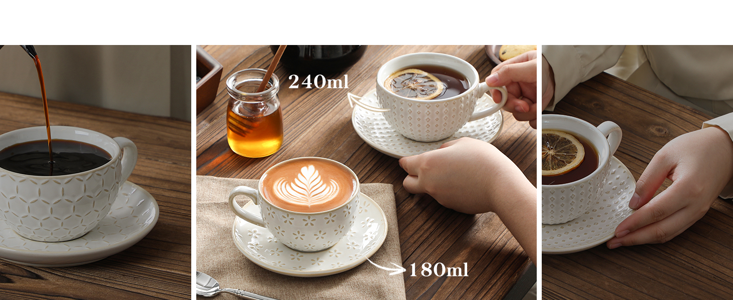 Набір посуду MALACASA LYDIA для 4 осіб (16 предметів) з кераміки з рельєфом, бежевий (4 чашки 180 мл)