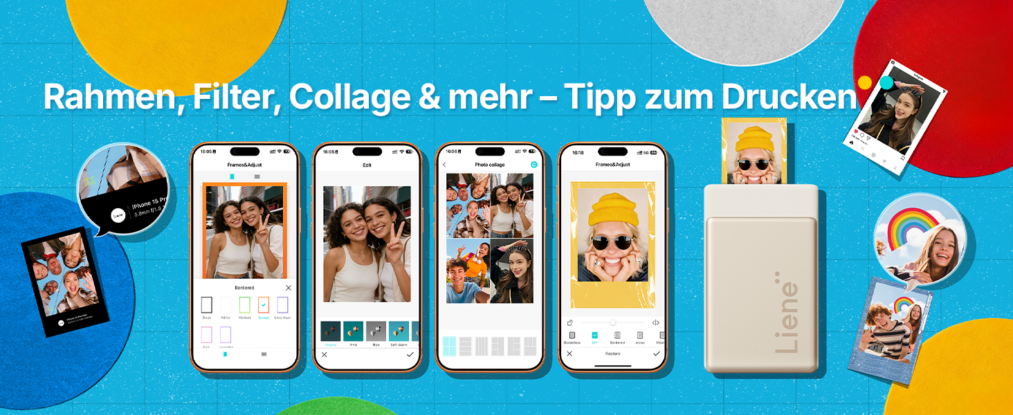 Портативний міні-фотопринтер Liene Pearl N200 Pro з кольоровою сублімацією, 50 фото (5x7,6 см), 5 стрічок, Bluetooth, 300 dpi, для iPhone & Android, акумулятор, золотий колір