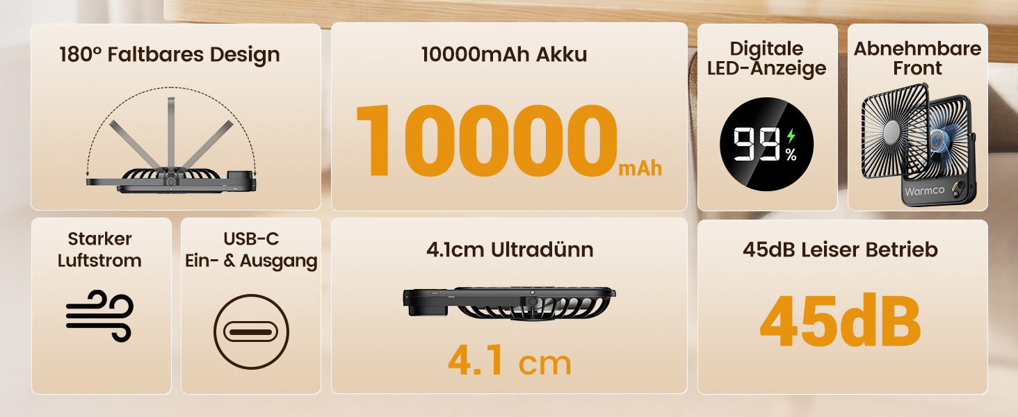 Вентилятор акумуляторний Warmco 10000mAh 21 см, до 24 год, чорний - для офісу, подорожей, спальні