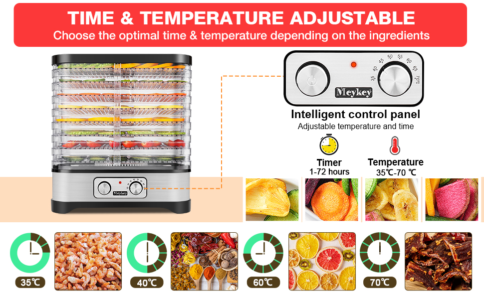 Дегідратор Дегідратор Дегідратор з контролем температури, 8 полиць Знімний дегідратор, контроль температури 35-70C для м'яса, фруктів, овочів і горіхів, 400 Вт, кнопка, без бісфенолу А (400 Вт, срібло)