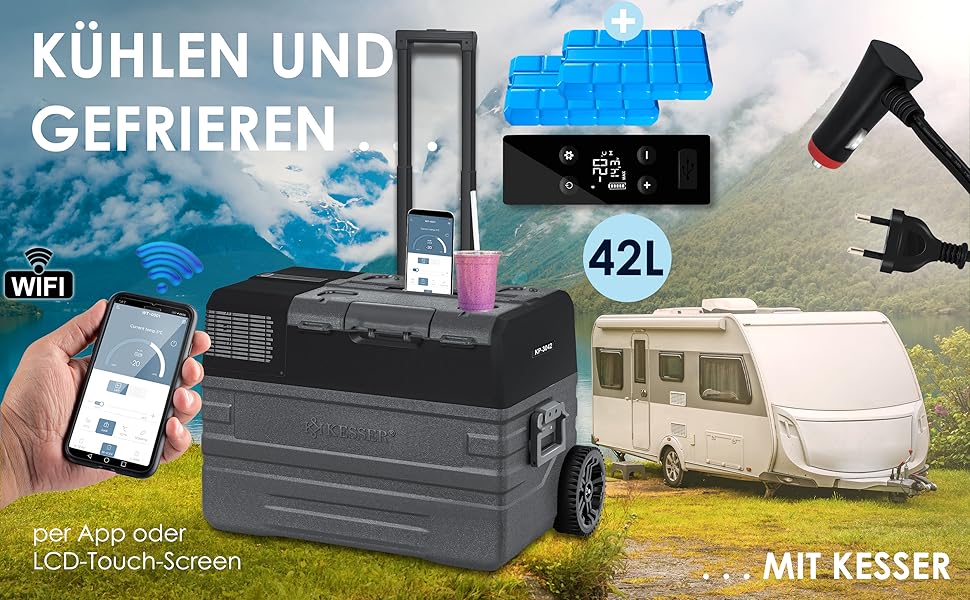 Автомобільний компресорний холодильник KESSER 42L з Wi-Fi, 12/24/230V. Морозильна камера до -20°C, колеса, телескопічна ручка для кемпінгу, фургону, вантажівки + 2 акумулятори холоду