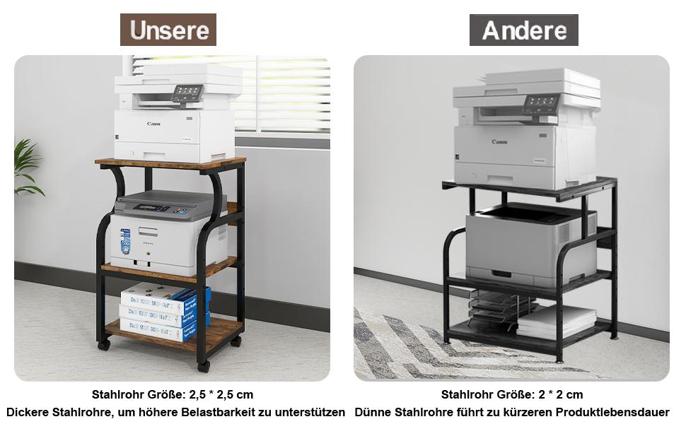Регульований стіл для принтера PUNCIA з 3 ящиками, на коліщатках, 50x40 см, дерево & метал, для офісу/кабінету, ретро
