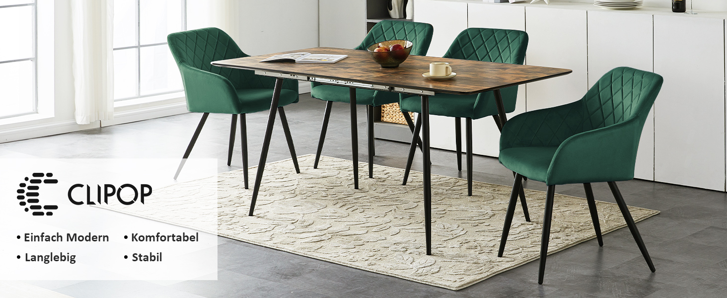 Крісла для їдальні CLIPOP, комплект 4 шт., обтягнуті оксамитом, з металевими ніжками, для вітальні, кухні, їдальні (4 шт., оксамит, зелений)