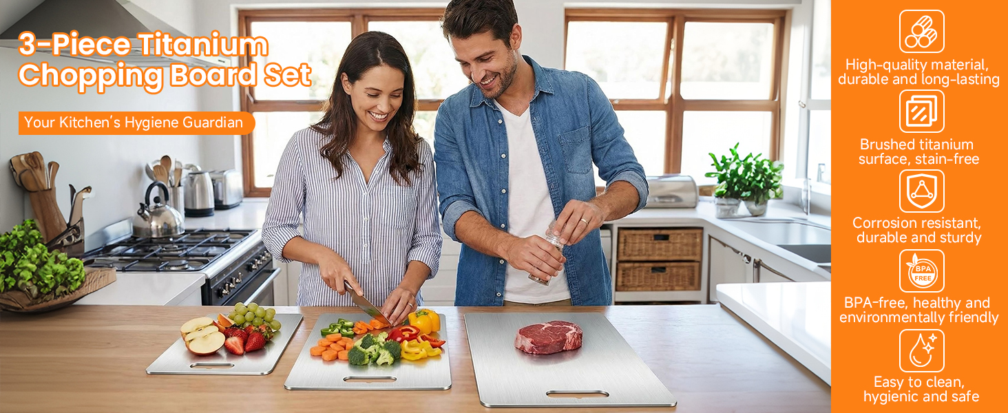 Дошка обробна титанова 3 шт., нержавіюча сталь, BPA-free, антикорозійна, для м'яса, хліба, овочів, фруктів, двостороння, 29x20см, 34x23см, 39x28см, срібляста