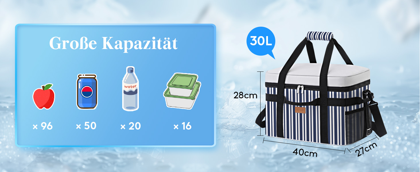 Термосумка-холодильник Lifewit 30л для пікніка, їжі та напоїв (Blaugrau Gestreift)