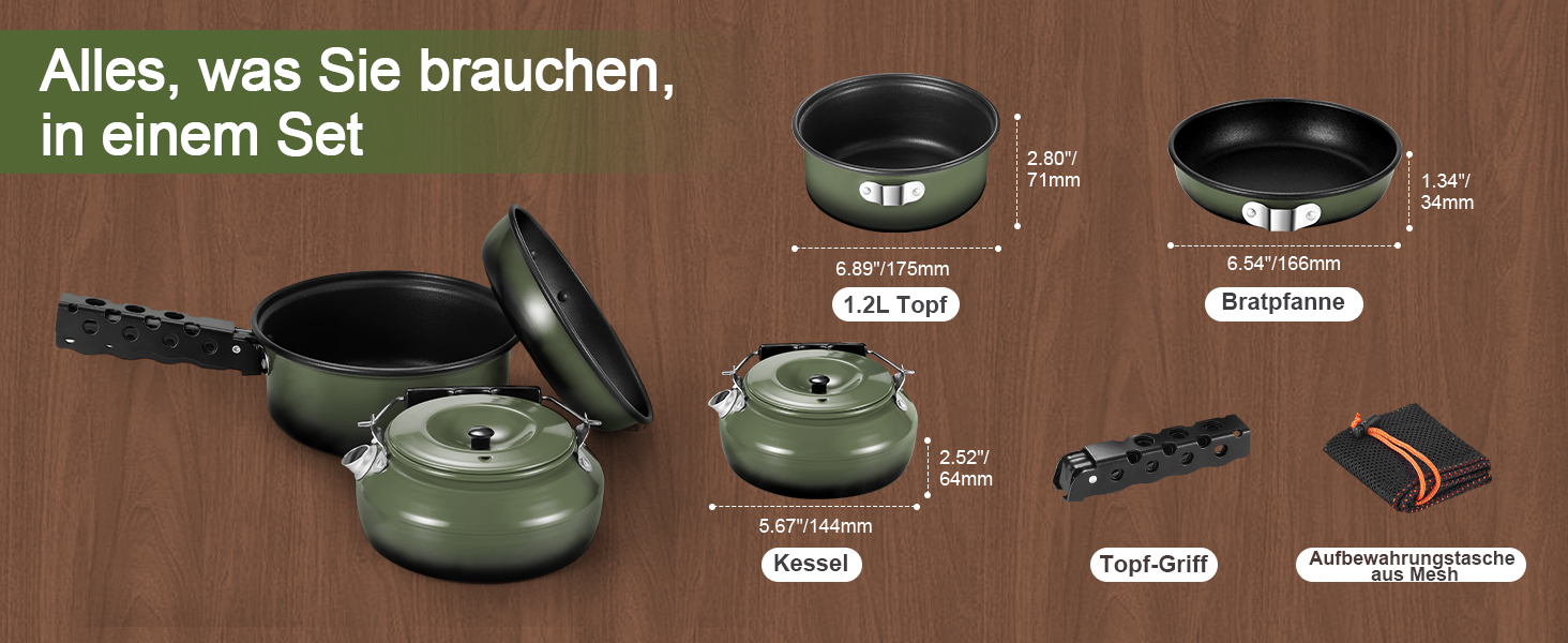 Набір посуду для кемпінгу Odoland 5шт: каструля, сковорода, чайник з знімним ручками. Ідеально для пікніків, походів та кемпінгу. Зелений антипригарний набір посуду.