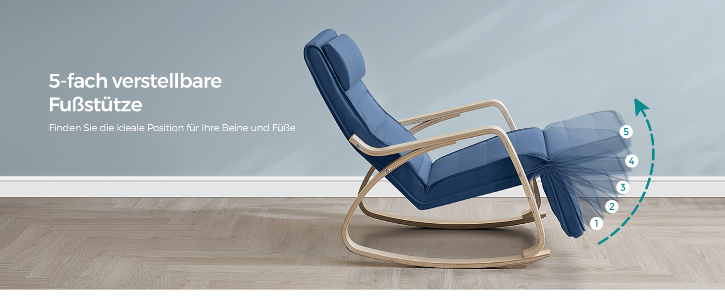 Крісло-гойдалка SONGMICS з підлокітниками з натурального дерева, 5-позиційне регулювання підніжки, до 150 кг, для спальні/вітальні, темно-натуральний колір, бавовна/поліестер