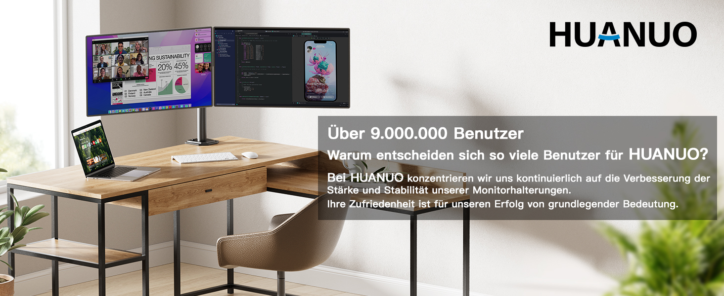 Кріплення для монітора HUANUO - 2 монітори, 13-30 дюймів, регулювання висоти, нахил, поворот, 10 кг/arm, VESA 75/100