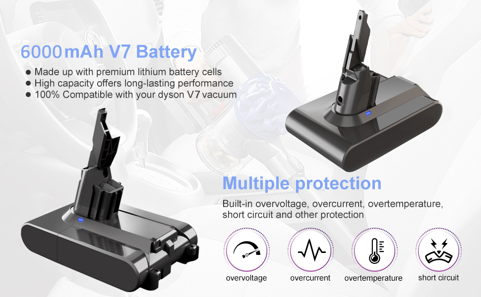 Змінна літій-іонна батарея V7 6000 мАг для пилососа Dyson V7, сумісна з V7 Animal, без шнура, екстра, пухнастий