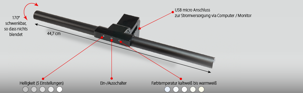 LED лампа для монітора FeinTech LTL00700 USB, кріпиться на монітор, регульована яскравість та колірна температура, чорна