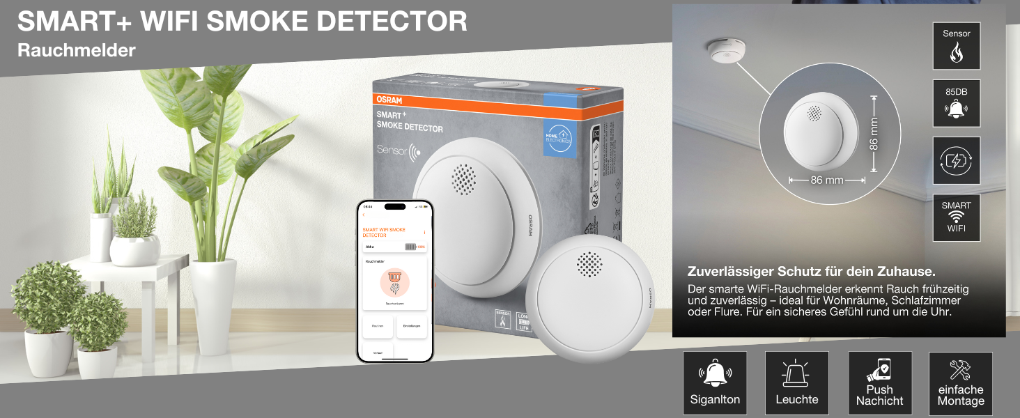 Розумний датчик чадного газу LEDVANCE SMART+ з WiFi, сертифікований EN 50291, білий