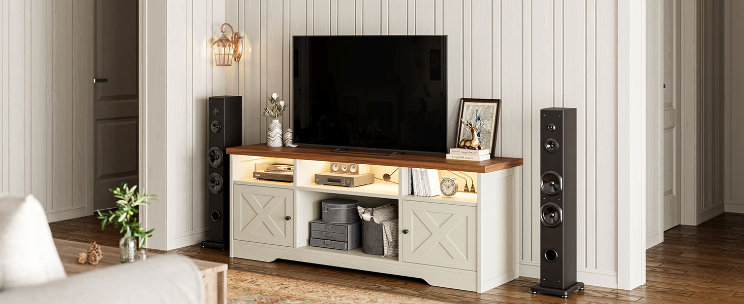 Тумба під ТВ Coleshome з розетками, USB, LED, 4 відкриті полиці та 2 шухляди, 150x35x65 см, білий та горіх