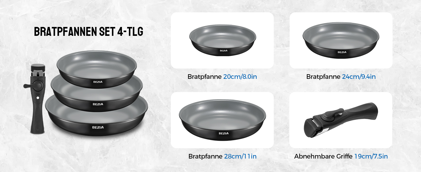 Набір сковорідок BEZIA з знімними ручками, антипригарне покриття, індукційні, 20+24+28 см, стакельне, придатні для миття в посудомийній машині та духовці