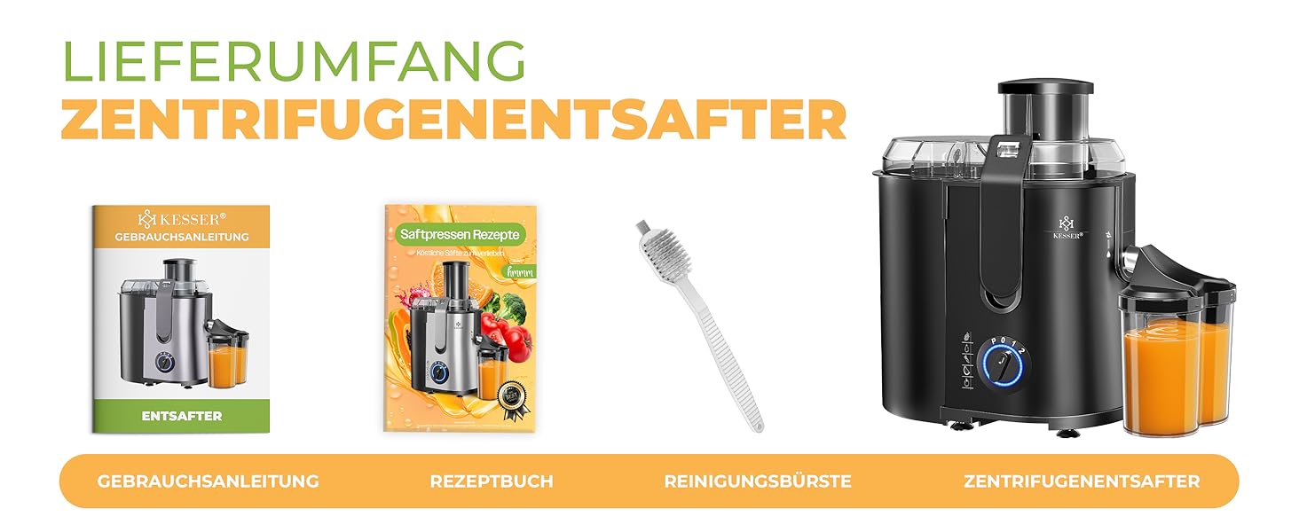 KESSER® Електрична центрифужна соковитискачка для фруктів та овочів з нержавіючої сталі, 1100W, велика завантажувальна воронка, 3 швидкості, сірий/сріблястий (чорний)