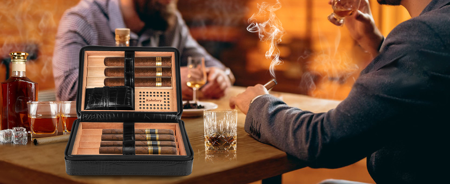 Вишуканий вологозбережувач для сигар Kalolary з різаком, портативний дорожній футляр для сигар з кедрової деревини, вміщує до 8 сигар, чудовий подарунок для чоловіків (Чорний)