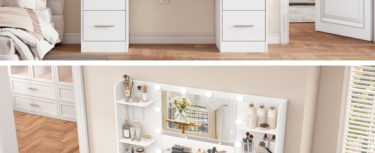 Дзеркальний туалетний столик TEENFON з LED-підсвіткою, 7 ящиками та 4 відкритими полицями, білий