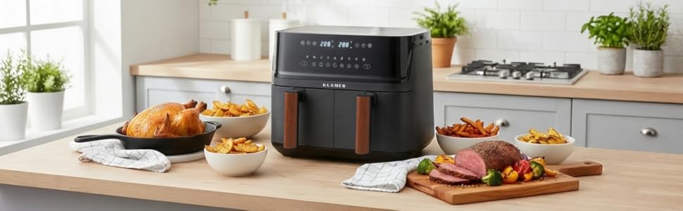 Аерофритюрниця KLAMER Duo 9L з двома кошиками, цифровим дисплеєм та 10 програмами, 3000 Вт, подвійна камера для здорового приготування