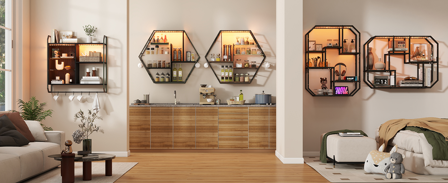 Підвісні полиці YU YUSING з RGB підсвічуванням 7 кольорів, геймерські полиці з 8 гачками, полиці для демонстрації, настінна вітрина з 2 скляними полицями, підвісна вітрина для спальні, кухні, бару, ігрової кімнати, шестигранна (чорний колір)