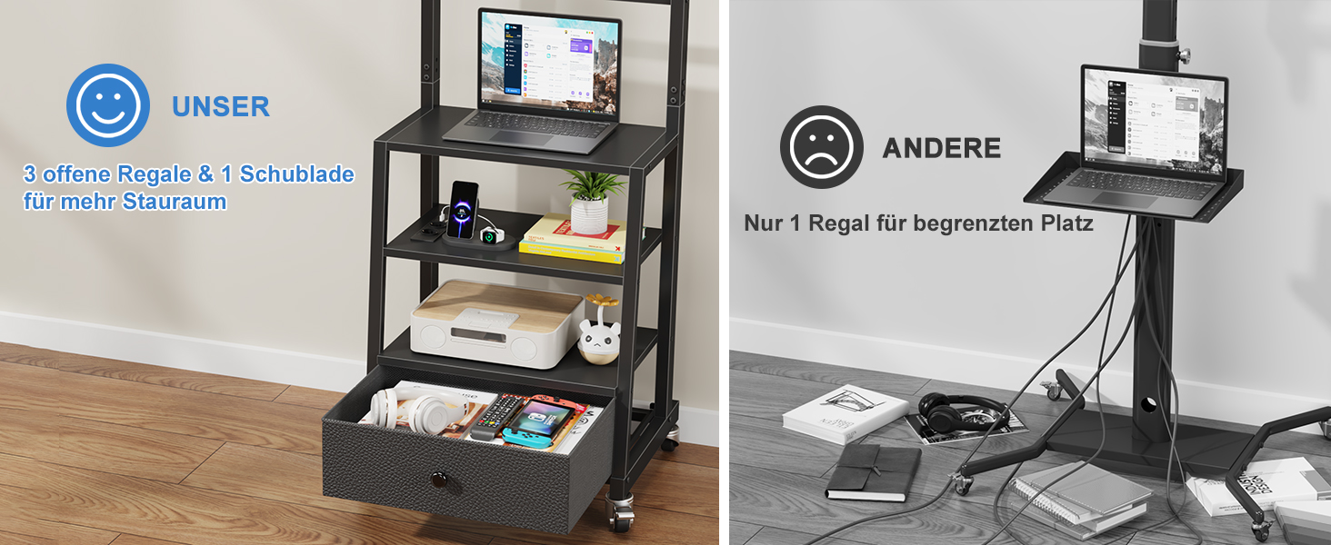 Підставка для телевізора на колесах з ящиком, чорна, 140 см. Підходить для телевізорів 32-75 дюймів