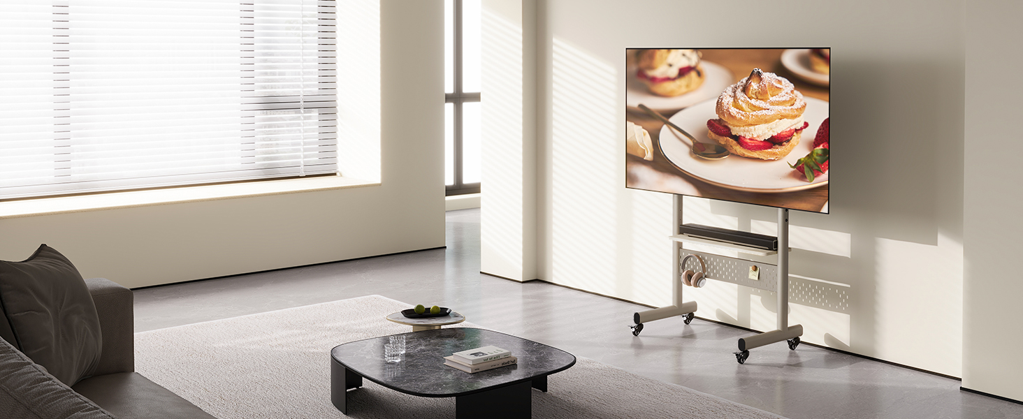 Підставка для телевізора FITUEYES на колесах, регульована по висоті, для 40-85 дюймів, VESA 600x400, 60 кг, бежева