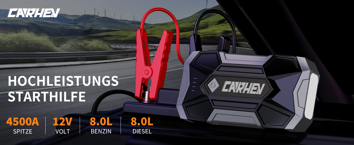 Бустер CARHEV Jump Starter 4500A — Пусковий пристрій для автомобіля (бензин/дизель до 8.0л), Powerbank з LED-ліхтарем та USB-портами