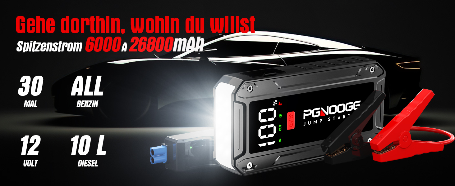 Бустер автомобільного акумулятора Starthilfe Powerbank 26800mAh 6000A з LED-ліхтарем та дисплеєм для авто, SUV, мотоциклів та газонокосарок, чорний