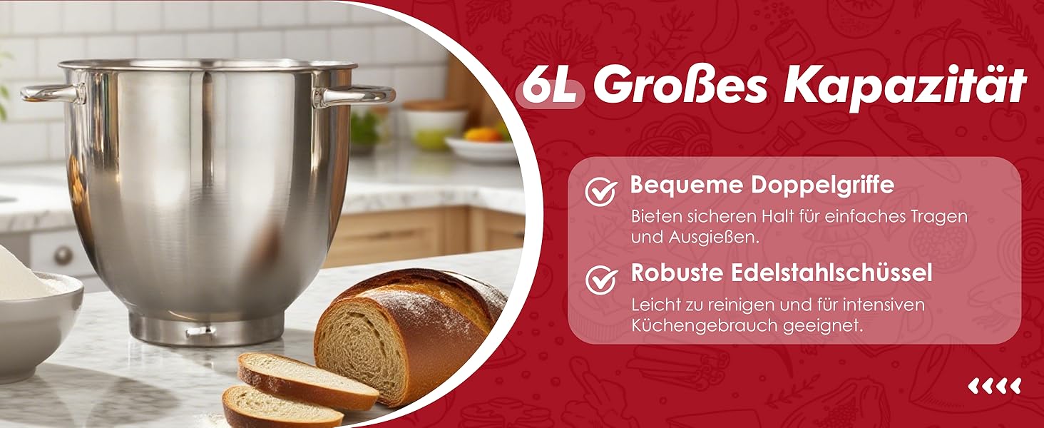 Кухонна машина Kitchen in the box 6L з 2 чашами по 3.5L, 10 швидкостей, з гаками для тіста, вінчиками та вінчиком для збивання (червона)