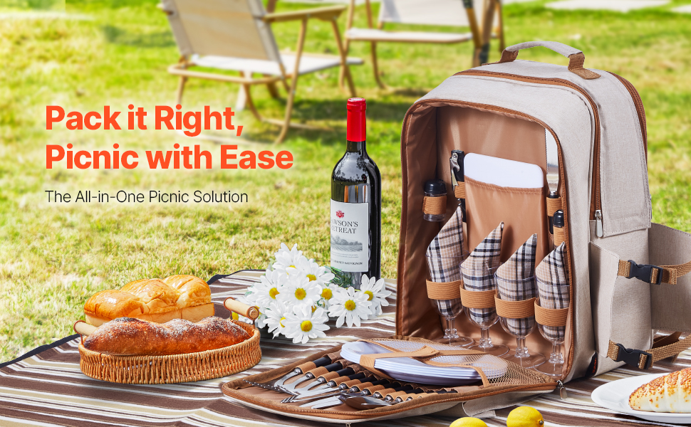 Рюкзак для пікніка VEVOR на 4 особи (20 л) з ізольованим холодильником, підстаканником/для вина та комплектом посуду для кемпінгу та пікніків, бежевий