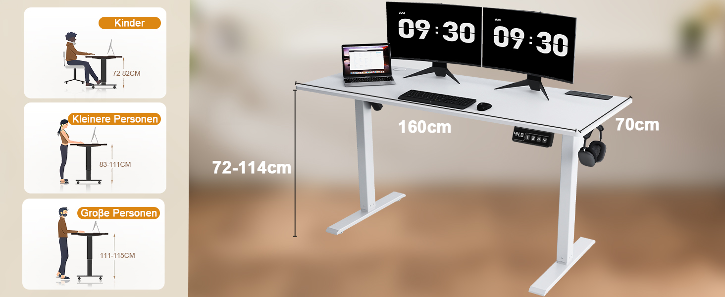 COMHOMA Стол для роботи з регулюванням висоти 160x70 см з USB-роз'ємом та гачками, електричний, для дому та офісу