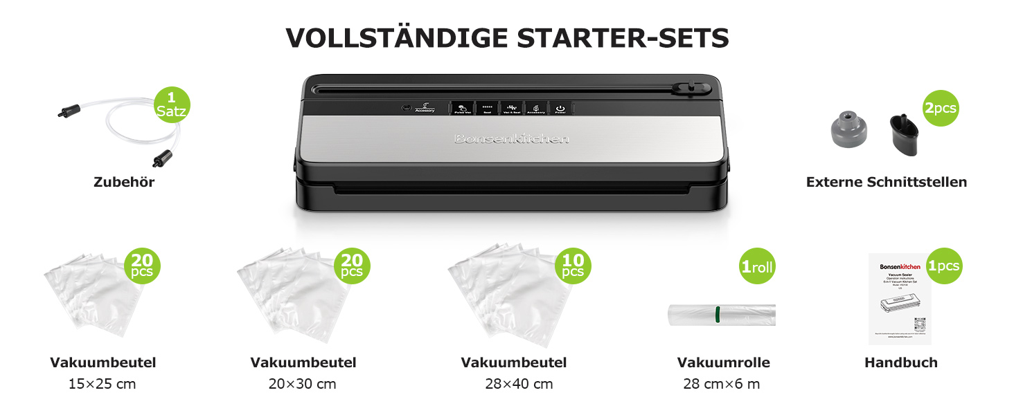 Вакууматор для продуктів Bonsenkitchen для сухих та вологих продуктів з вбудованим різачем, чорний (комплект з рулоном та пакетами)