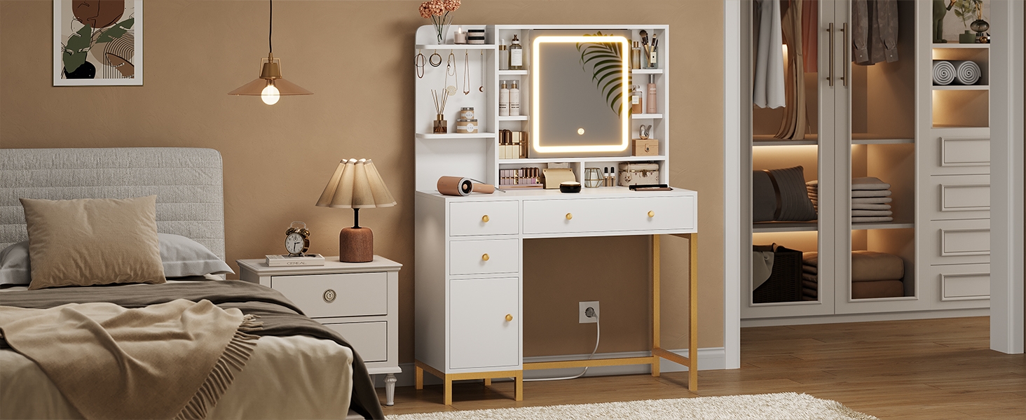 Трюмо AOGLLATI з розеткою, LED-підсвічуванням, регульованою яскравістю, шухлядами та полицями. Косметичний столик зі дзеркалом (білий)