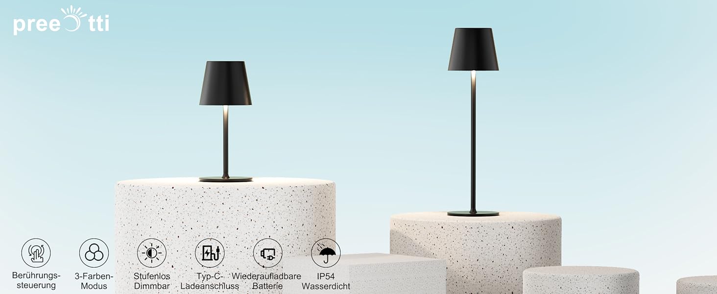 LED настільна лампа бездротова з акумулятором, регульована яскравість, 2 шт. з 3 колірними температурами, плавне регулювання, сенсорне управління, USB-C зарядка для відпочинку на природі, нічника, обіднього столу, кемпінгу (чорний) 2 шт. Чорний-2 шт. (1 шт., Чорний-1 шт.)