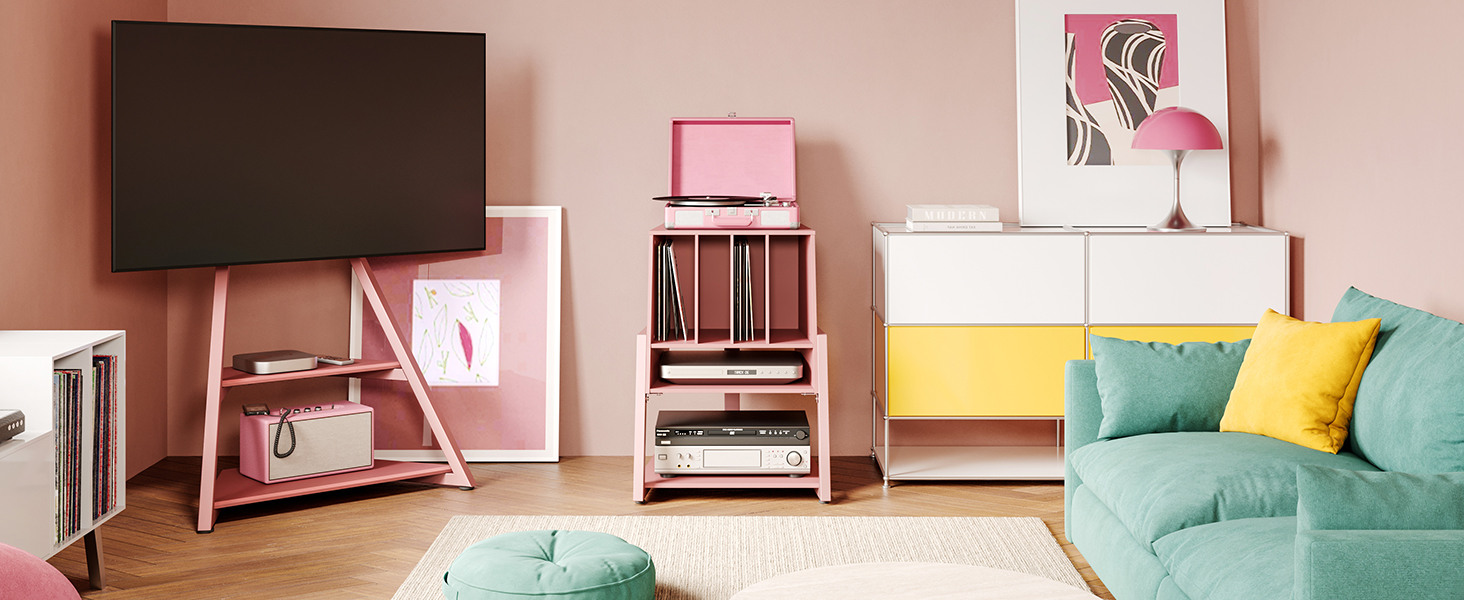 Стіл для програвача FITUEYES Design з дерева та металу, Hi-Fi стійка для програвача, 120 платів, компактна система, полиця для програвача, для вітальні/музичної кімнати