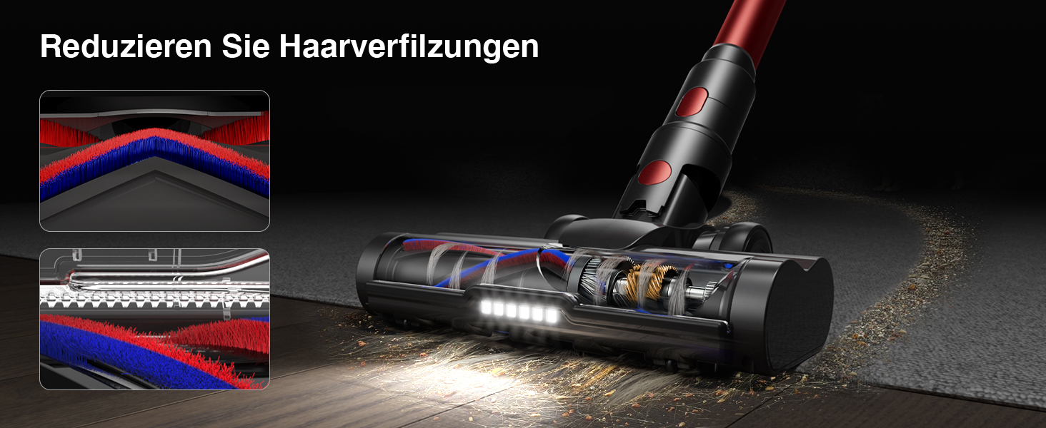 Бездротовий акумуляторний пилосос 45000Pa/550W/65хв, об'єм 1,6л з дисплеєм, антизаплутана щітка, самостійна підставка, док-станція на стіну, 8-шарова фільтрація, тиха робота, для шерсті тварин/килимів/твердих поверхонь/автомобіля (Червоний)