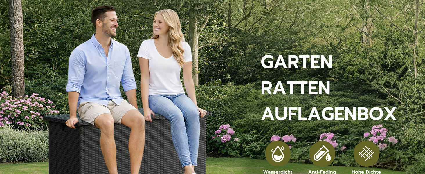 Водонепроникний садовий ящик Amopatio Gartenbox 480л з поліротангу, металевий ящик для подушок на колесах з газліфтом для саду та балкону (чорний)