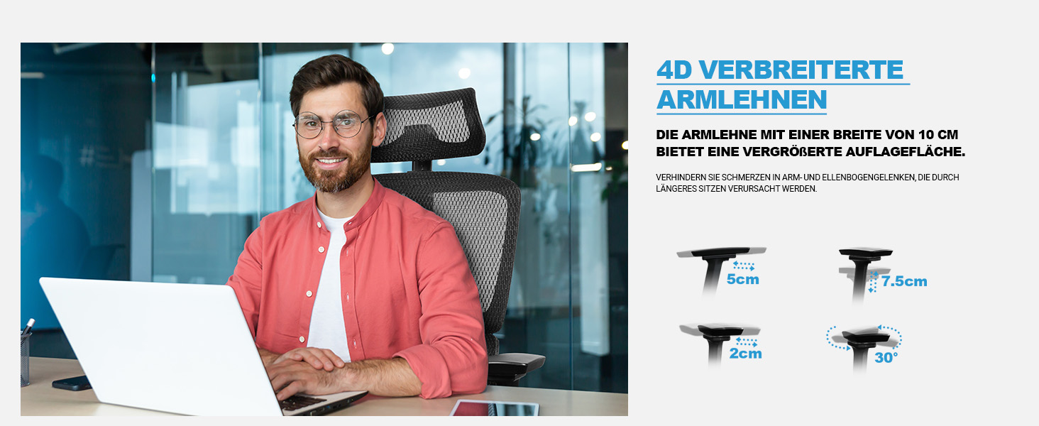 Ергономічне офісне крісло 200 кг | Регульована спинка 6P | 4D підлокітники | Безшумні гумові колеса | Регулювання глибини сидіння | Крісло для великих людей | Перевірено EN12520 | Пінощільність 45