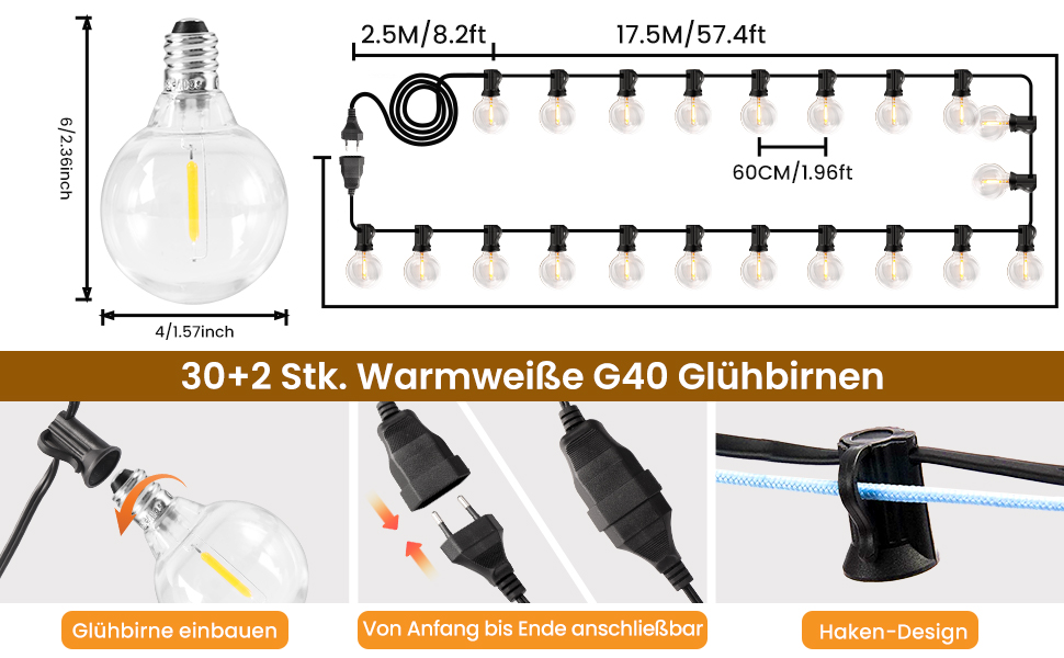 LED гірлянда для вулиці, 20 метрів, G40, 30+2 лампочки, пластик, IP44, вологостійка, для саду, вечірки, тепле світло, 20м, EU