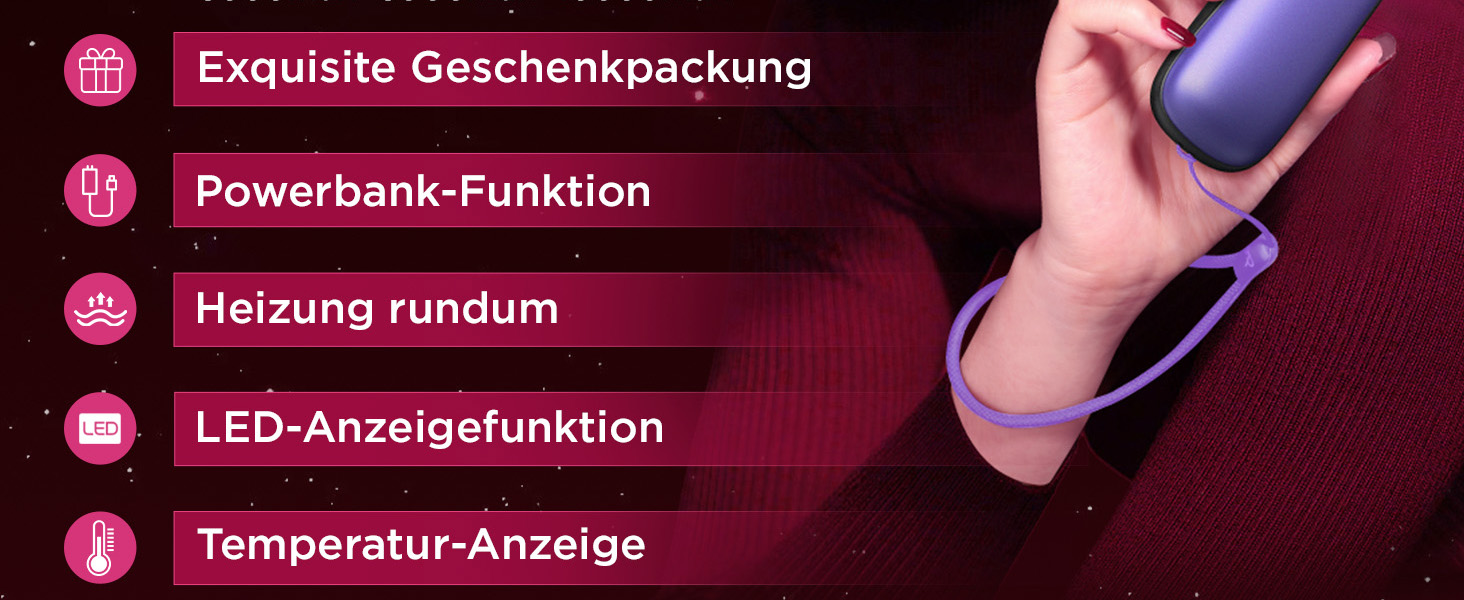 Електричні грілки для рук Funme® 10000mAh (2 шт.) з подарунковою коробкою. USB Powerbank, багаторазові, до 60°C, для жінок, ідеальні для активного відпочинку. OT95 (фіолетове золото)