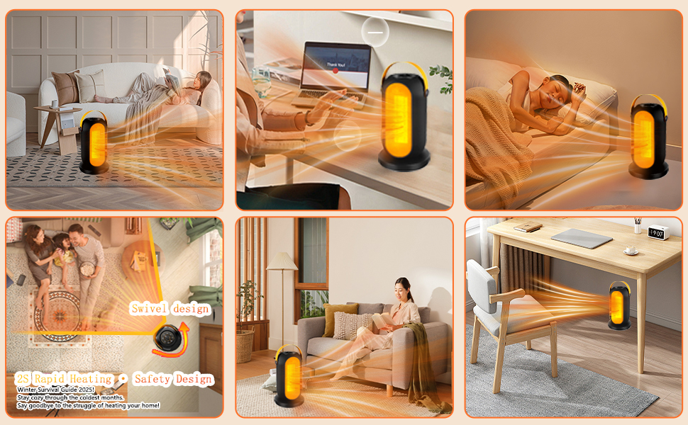 Електричний обігрівач з керамічним PTC нагрівачем, 1200W, з термостатом та захистом від перегріву та перекидання. Підходить для дому та офісу.