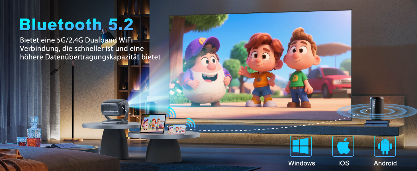 Проектор Smart Beamer WiFi для домашнього кінотеатру: 16000 Люмен, Full HD, електричний фокус, 200 дюймів, Bluetooth, сумісний з iOS/Android/Fire Stick/Laptop/PS5 (4K проектор з поворотним кріпленням)