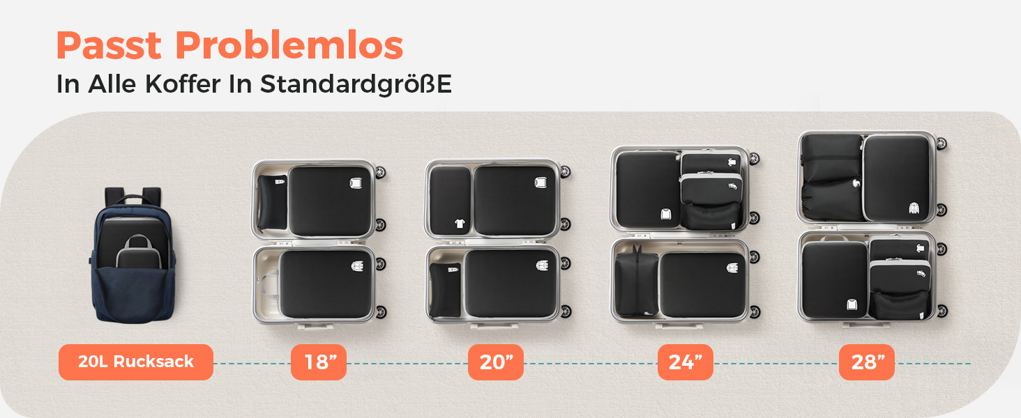 Набір органайзерів для валізи та рюкзака з компресією, водонепроникні пакувальні куби для подорожей, 8 предметів, чорний