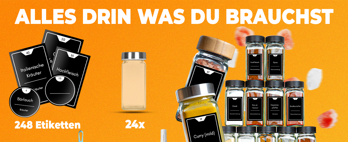 Набір банок для спецій 24 шт. (125 мл) з дозатором, етикетками та кришками з нержавіючої сталі