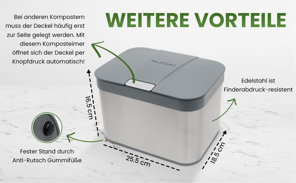 Відро для компосту YourCasa з нержавіючої сталі-4,3 л-для побутових органічних відходів на кухні-внутрішня мийка - стійка до запахів і миється - органічна кошик для сміття з кришкою Кухонне відро для органічних відходів (зелено-білий)