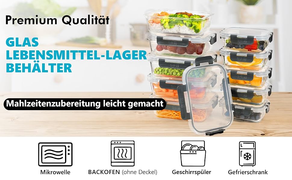 Набір скляних контейнерів для їжі Igluu Meal Prep (10 шт) — 370 мл та 1050 мл, герметичні ланч-бокси для зберігання продуктів